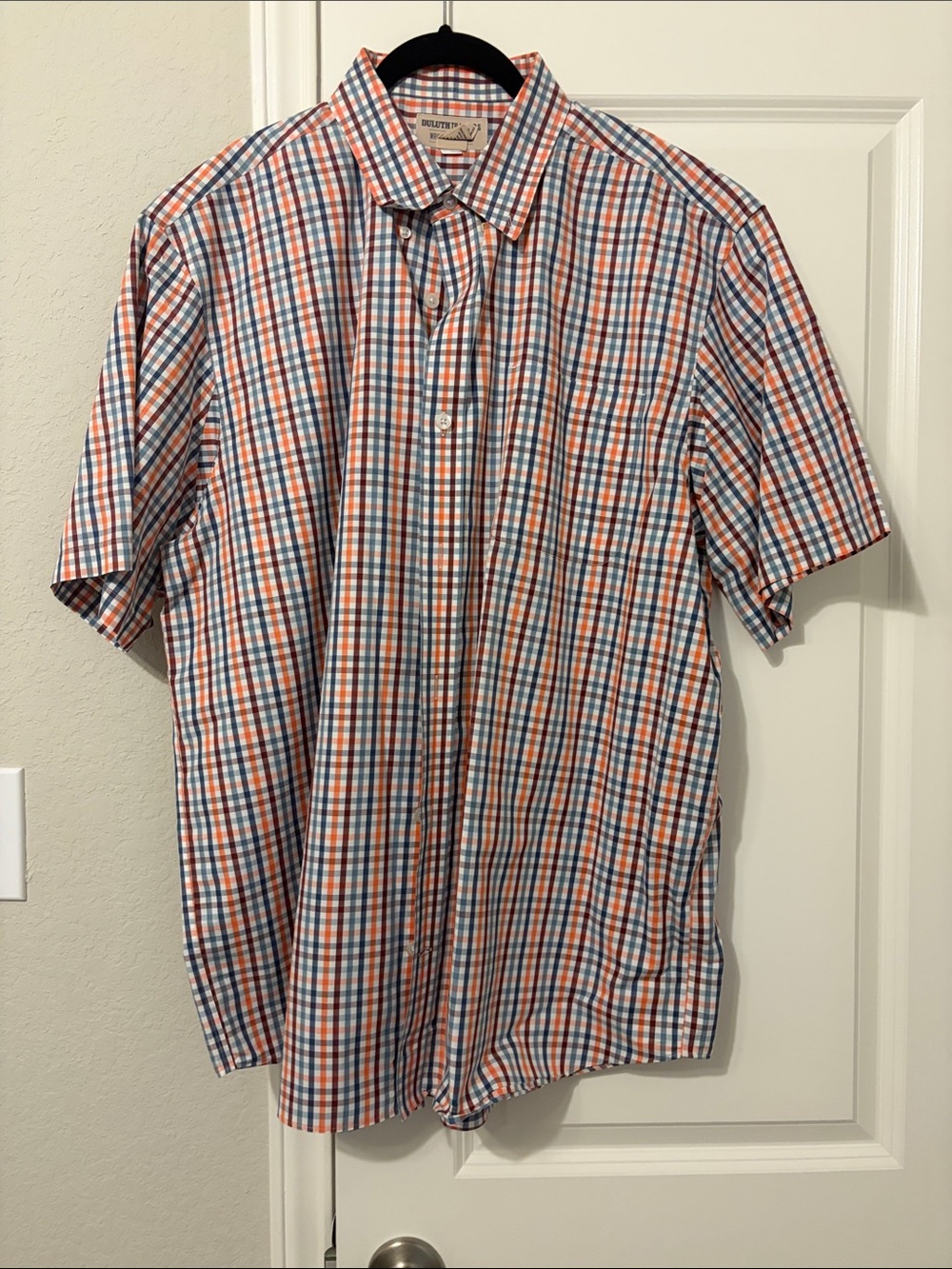 Duluth Trading Co Orange and Blue Plaid Short-Sleeve Button-Down